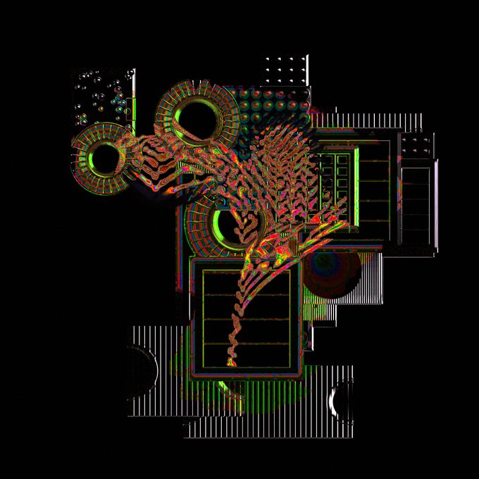 An abstract, psychedelic digital artwork with glitch-like red, green, and blue color separation, depicting intricate fern-like or organic shapes floating over a dark background with geometric window patterns.