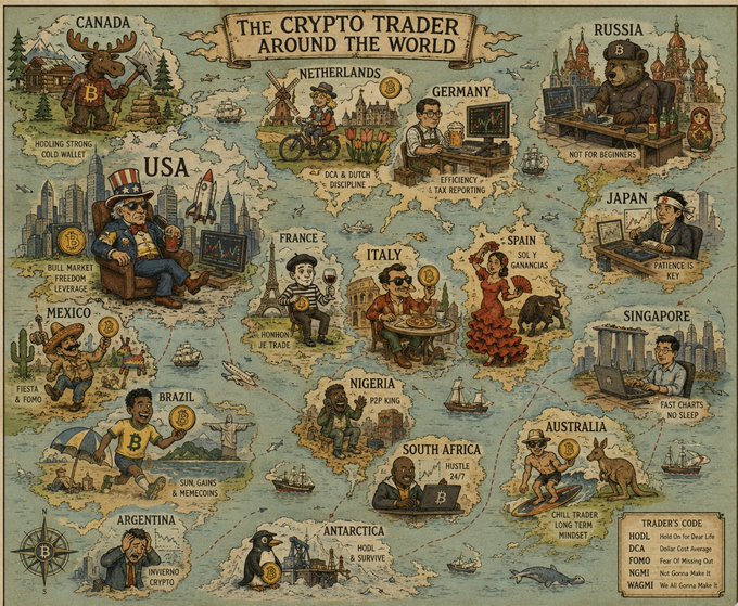 The collage titled "The Crypto Trader Around the World" is peppered with images like a Canada goose working on a "strong cold wallet" and an Argentinean apart from the crowd holding a shield with a coin marked with a "B," referencing Bitcoin. The "Trader's Code" section offers acronyms like "HODL" and "FOMO" with their meanings.