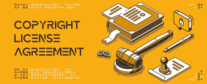 The image features a bold "COPYRIGHT LICENSE AGREEMENT" header alongside illustrations of legal documents, a gavel, pen, and briefcase on an orange isometric background. The visual thematically reinforces the post's mention of licensing IP usage rights to holders through 0xCyberThrone's Revenue Share Program, symbolizing the formal contractual and legal framework behind their copyright licensing initiative.