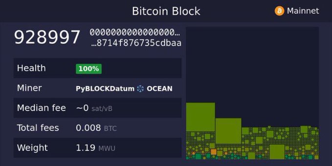 A Bitcoin Block tracker interface for Mainnet block 928997, showing 100% health, miner 'PyBLOCKDatum' via OCEAN, median fee of ~0 sat/vB, total fees of 0.008 BTC, and a weight of 1.19 MWU, with a mempool visualization chart.