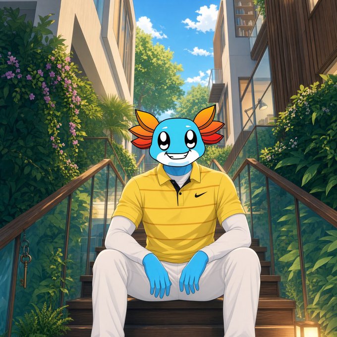 An anime-style axolotl character with orange gills sits on outdoor wooden stairs between modern buildings and lush vines, smiling while wearing a yellow Nike polo shirt, white long sleeves, and white pants.