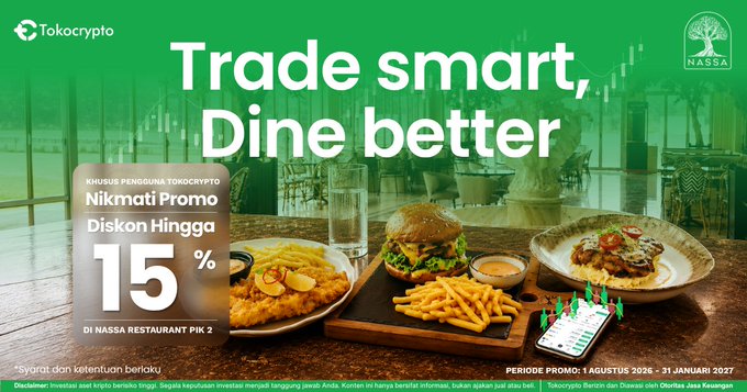 A promotional banner by Nassa Restaurant and Tokocrypto featuring the tagline "Trade smart, Dine better" and advertising an exclusive 15% discount for Tokocrypto users at Nassa Restaurant PIK 2, valid from August 1, 2026 to January 31, 2027, with the bonus showing a smartphone displaying the Tokocrypto app alongside images of burgers, fries, and pasta dishes.
