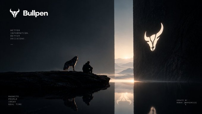A digital design mockup displaying 'Bullpen' branding with a wolf logo, showing a silhouetted wolf and figure on a cliff against a sunset, alongside text reading 'BETTER INFORMATION. BETTER DECISIONS.' and 'MARKETS PEOPLE TODAY REAL TIME.'