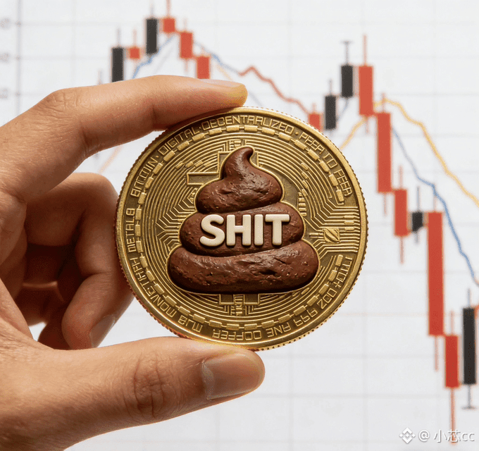 A hand holds a parody gold cryptocurrency coin labeled 'SHIT' designed like Bitcoin, set against a background of stock market charts.