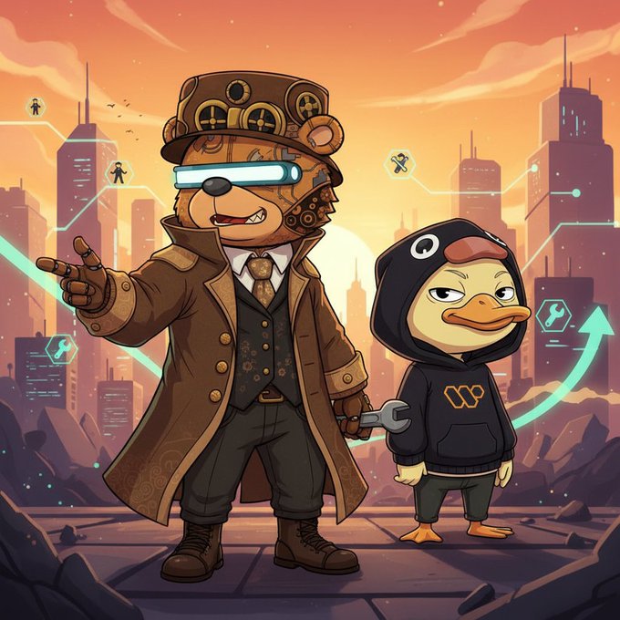 A steampunk-styled bear with a glowing blue visor and a duck wearing a "Q"-emblazoned hoodie stand together in a futuristic cityscape at sunset, holding a wrench and pointing confidently forward as tech icons float around them—mirroring the post's celebration of Quacks and WallChain's steady, builder-driven community growth.