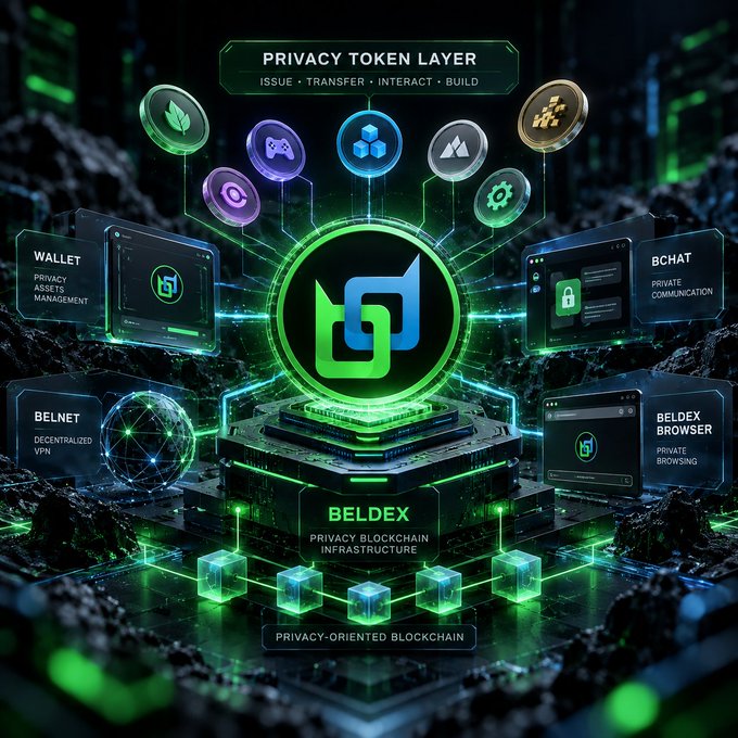 A promotional graphic for 'BELDEX' privacy blockchain infrastructure, featuring interconnected modules labeled 'WALLET', 'BCHAT', 'BELNET', 'BELDEX BROWSER', and a 'PRIVACY TOKEN LAYER' on a glowing green tech background.