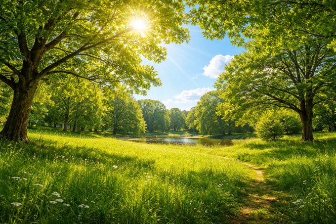The image shows a beautiful park with lush green grass, trees, and a lake. There are two large trees prominently featured in the scene, one located near the center of the image and another towards the right side. A path can be seen running through the middle of the park, leading to the lake. The sun is shining brightly from behind the trees, creating a warm and inviting atmosphere.