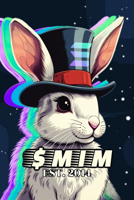 A digital illustration of a white rabbit or hare wearing a black top hat with a red band, featuring rainbow-colored accents in its fur, with the text '$MEM EST. 2014' displayed across the bottom.