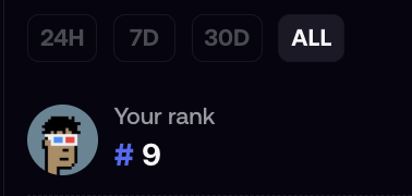 A leaderboard interface displays time period filters (24H, 7D, 30D, ALL) with a pixel art avatar showing the user ranked #9.