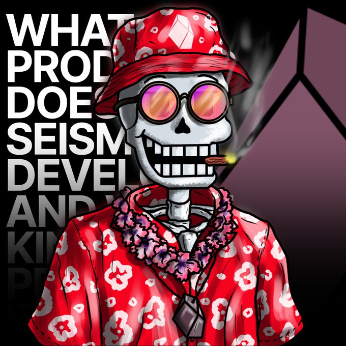 A cartoon skeleton character wearing a red bucket hat, round sunglasses, a red floral shirt, and a flower lei smokes a cigar, accompanied by bold text reading "WHAT PRODUCTS DOE SEISM DEVEL AND KIN" which directly corresponds to the post's discussion of products developed by @SeismicSys.