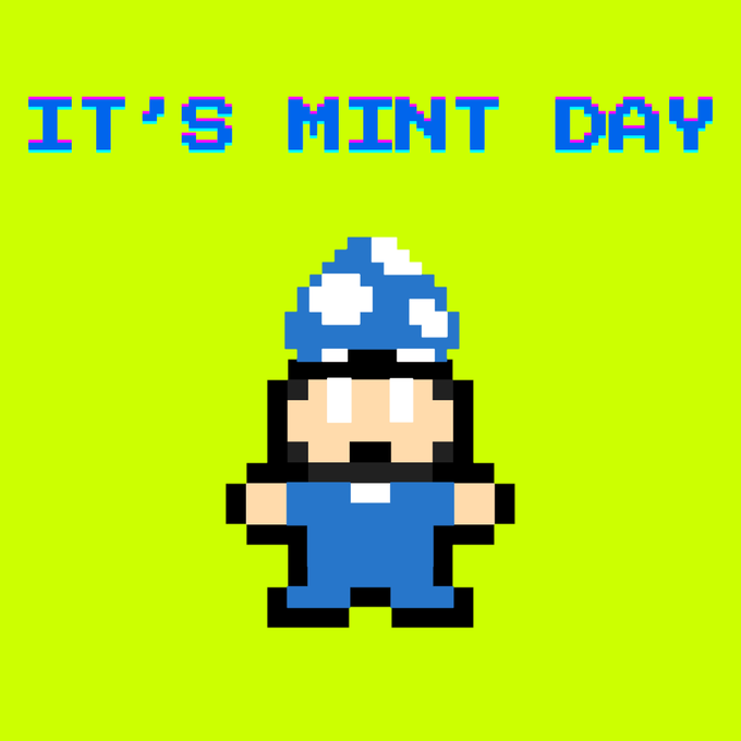 A pixel art illustration of a character with a beard wearing a blue mushroom cap and blue overalls. The pixelated text above reads 'IT'S MINT DAY' on a bright green background.
