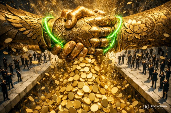 Two massive golden hands adorned with ornate wings clasp in a powerful handshake, glowing with green light as a torrent of gold coins cascades between them, while suited figures stand watch below. The watermark "Blockchain" appears in the bottom right corner, symbolizing Bank of America's monumental $1.9 billion 49.9% stake in Jio Credit as a landmark deal in the financial and crypto sectors.