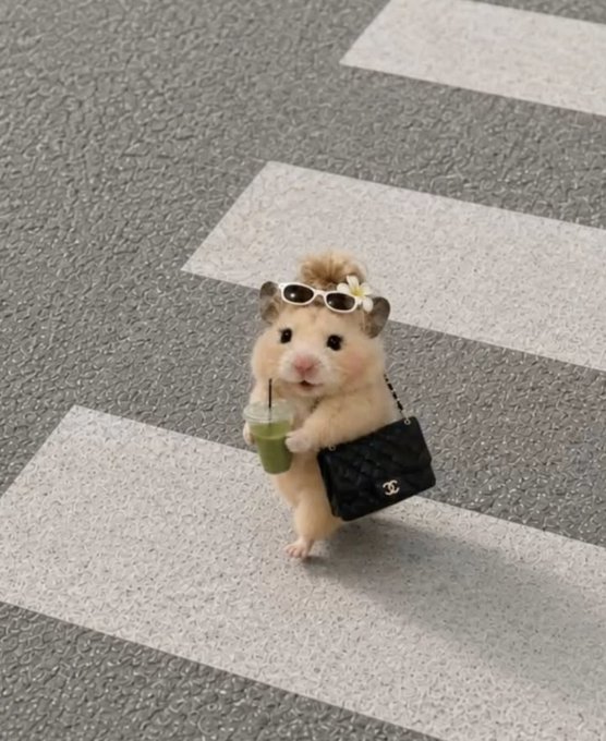 An adorable digitally edited image of a hamster wearing sunglasses, carrying a green drink and a small black quilted handbag, walking across a pedestrian crosswalk.