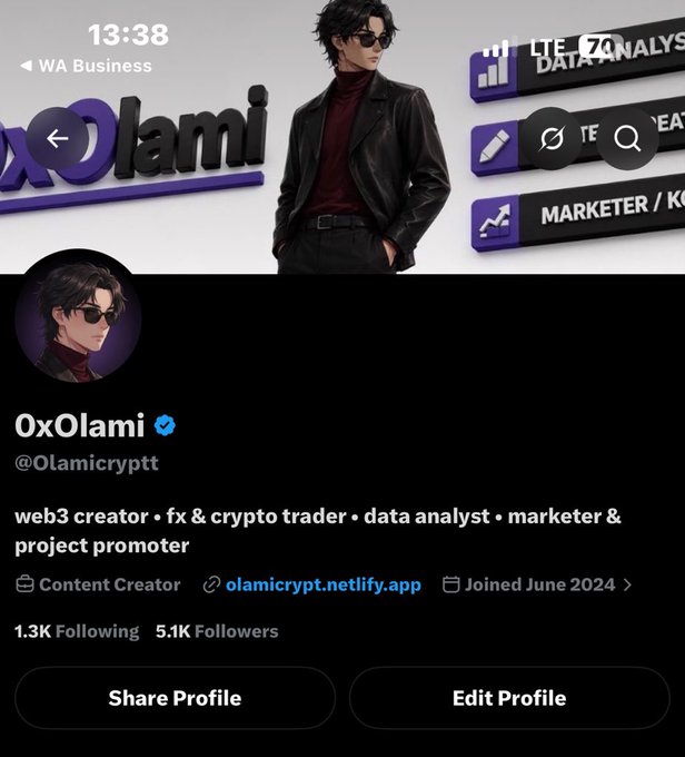 An X/Twitter profile for '0xOlami' (@Olamicryptt) describing himself as a 'web3 creator • fx & crypto trader • data analyst • marketer & project promoter' with 5.1K Followers, featuring anime-style avatar art.