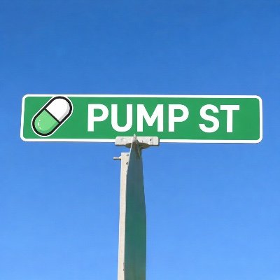 A green street sign on a pole against a blue sky that reads 'PUMP ST' with a pill/capsule icon on the left side.