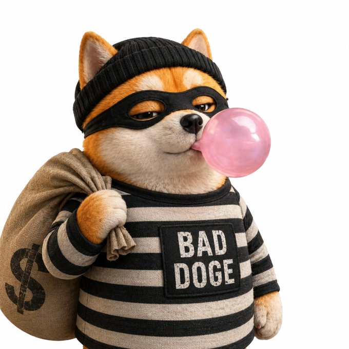 The image features a cartoon dog dressed as a burglar holding a bag of money and blowing up a pink bubble gum bubble while wearing a black hat with a "Bad Dog" label. The caption below the image reads, "Join us as we kick off the Heist Crews conversation as @hoffdogg is joined by @BuildrJ with the teams from @USDogeApp, @Doge_Museum and @DerpsParty".