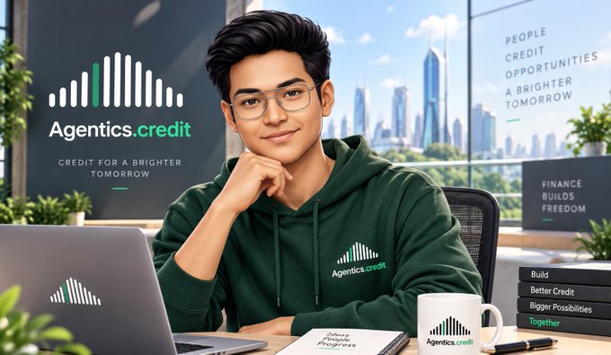 An advertisement for "Agentics.credit" features a young man with glasses in a green hoodie at a laptop, alongside the slogan "CREDIT FOR A BRIGHTER TOMORROW," with text mentioning "PEOPLE, CREDIT, OPPORTUNITIES, A BRIGHTER TOMORROW" and "FINANCE BUILDS FREEDOM."