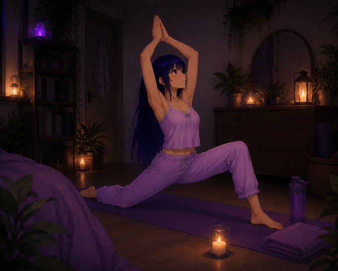A woman with long dark hair does yoga on a mat in a dimly lit, candle-filled room decorated with plants and purple crystals. The peaceful nighttime scene contrasts with the post's warning about late-night trading urges, suggesting the trader should follow her calm example and rest instead of adding to positions.