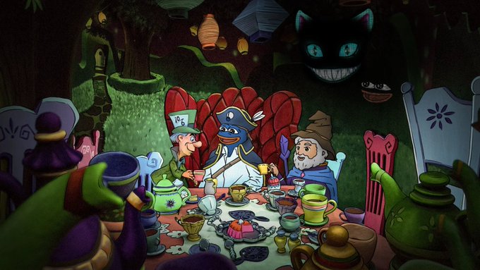 The image shows a cartoon scene with three people sitting at a table, having tea together. The characters are dressed up for a fancy tea party, surrounded by various teapots and cups. In the background, there's a cat statue that appears to be smiling, adding a whimsical touch to the scene. The post mentions that Pendle V1 was launched on Ethereum in 5 years ago, which is when the image was taken. It also talks about how TVLs were used for trading back then and how Wonderland was a popular market during that time.