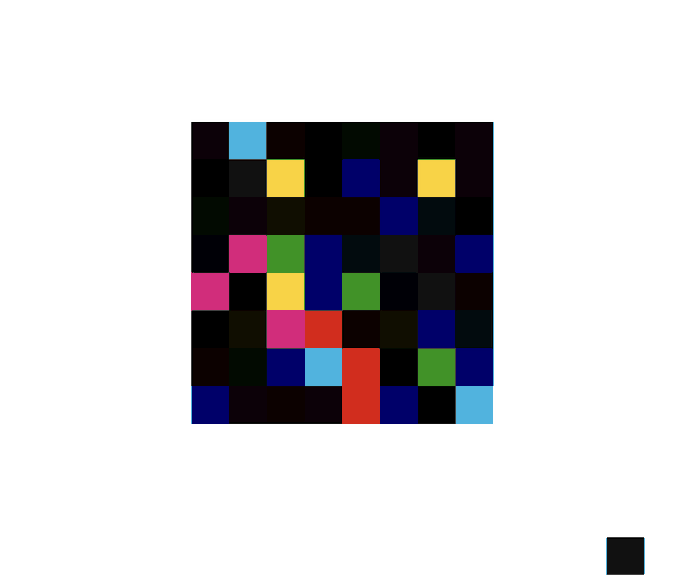 A small, pixelated image composed of various colored squares (red, yellow, blue, green, cyan, magenta) arranged on a black grid background, with a single black square in the bottom right corner.