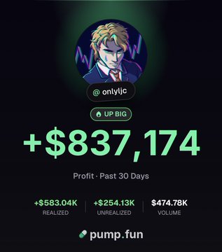 The image is a Pump.fun profile card for user "onlyljc" showcasing a profit of +$837,174 over the past 30 days, with $583.04K realised, $254.13K unrealised, and $474.78K in volume. It visually celebrates the trader's strong September performance highlighted in the post, reflecting the substantial onchain and spot trading gains they described.