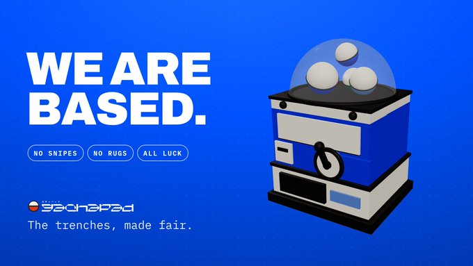 A blue promotional graphic reads 'WE ARE BASED.' with tags 'NO SNIPES,' 'NO RUGS,' and 'ALL LUCK' alongside a slot machine illustration and 'yachaped' logo, captioned 'The trenches, made fair.'