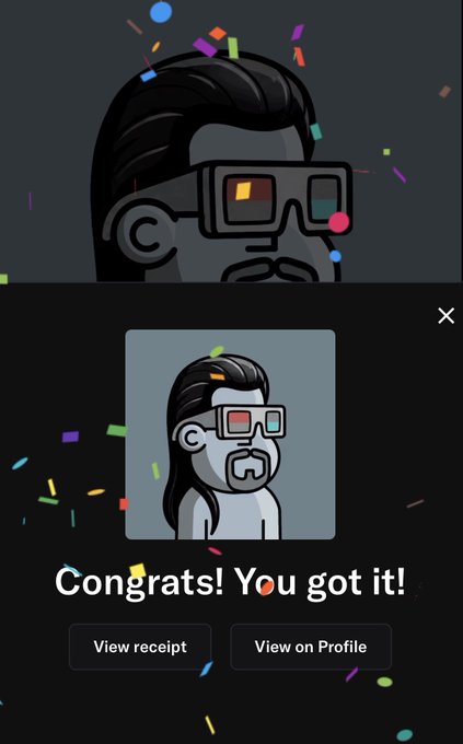 The image features a social media post with two cartoon characters, a man wearing glasses and a mustache, and another cartoon character that looks like a person. The post includes text elements such as "Congratulations! You got it!" and "View on profile". There are also confetti scattered around the image, adding to its festive atmosphere. The post seems to be related to a social media platform or an online store, possibly promoting a product or service.