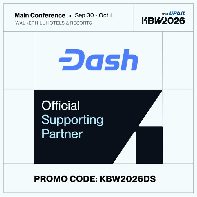 The image is a promotional graphic announcing Dash as an Official Supporting Partner of Korea Blockchain Week 2026 (KBW2026), held September 30 – October 1 at Walkerhill Hotels & Resorts, featuring the Dash logo and the promo code "KBW2026DS" for 20% off tickets.