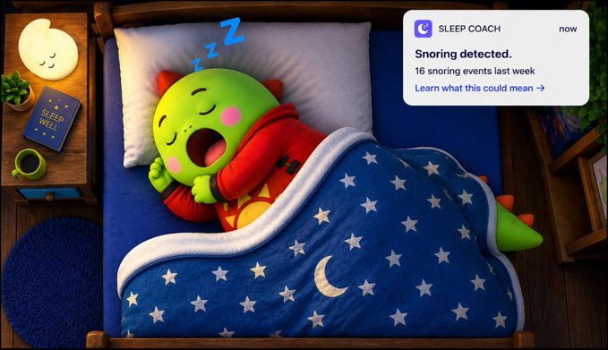 Identical to Image 2: A green character sleeping under a star-patterned blanket with a "SLEEP COACH" notification about 16 snoring events detected last week.