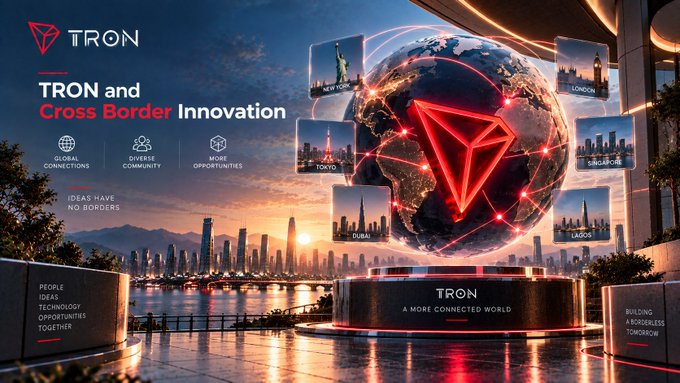 Promotional graphic for TRON featuring the headline "TRON and Cross Border Innovation" and "IDEAS HAVE NO BORDERS." It displays a globe with connecting lines and city names like New York, Tokyo, London, Dubai, and Lagos, alongside the tagline "TRON - A MORE CONNECTED WORLD."