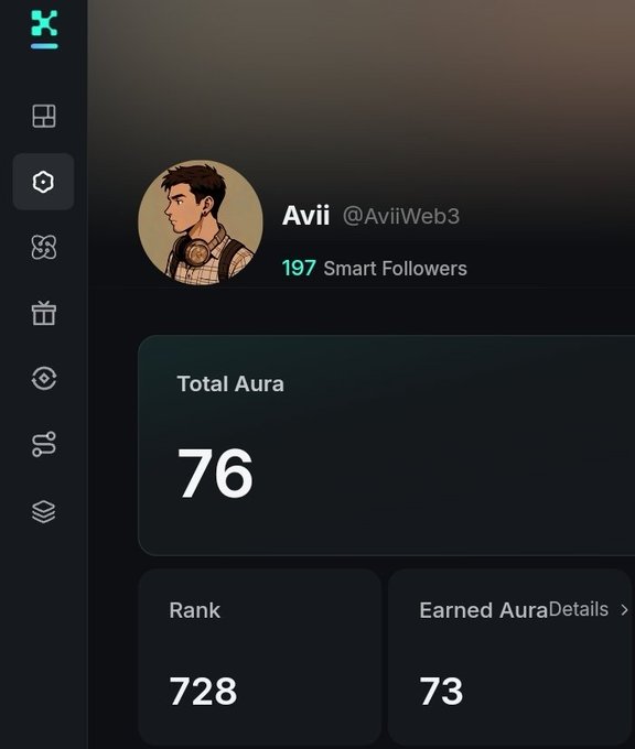 A screenshot of a profile page for 'Avii @AviiWeb3' shows an anime-style avatar, 197 Smart Followers, a Total Aura of 76, a Rank of 728, and Earned Aura of 73.