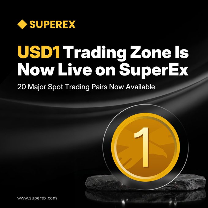 The promotional graphic announces "USD1 Trading Zone Is Now Live on SuperEx" with 20 major Spot Trading Pairs now available, featuring a large gold coin displaying the number "1" to represent USD1, set against a dark background with the SuperEx logo and website (www.superex.com).
