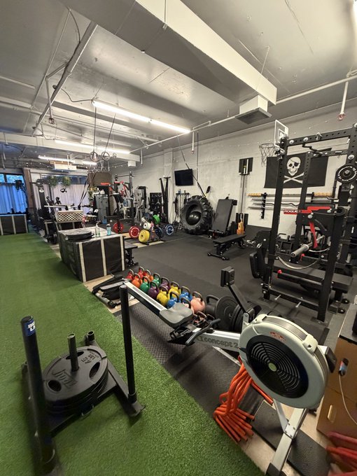 A spacious home gym featuring green turf flooring, a rowing machine, kettlebells, weight plates, a squat rack, and a basketball hoop mounted on the wall.