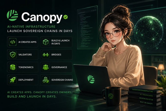 A promotional graphic for 'Canopy' advertising AI-Native Infrastructure to launch sovereign chains in days, listing features like AI Creates Apps, Validators, Bridges, Tokenomics, Governance, Deployment, and Sovereign Chains.