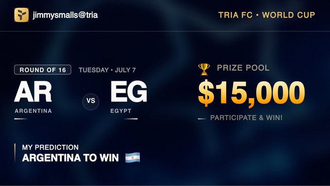 TRIA FC World Cup promotion for a Round of 16 match between Argentina (AR) and Egypt (EG) on Tuesday July 7, with a $15,000 prize pool and a prediction for Argentina to win.