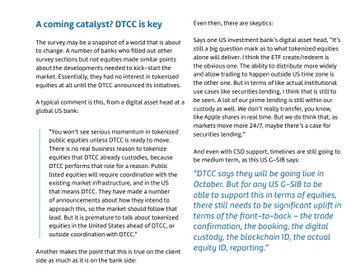 An article excerpt titled 'A coming catalyst? DTCC is key' discussing the Depository Trust and Clearing Corporation and market mechanics, mentioning a 'blockchain ID' and 'equities lending'.