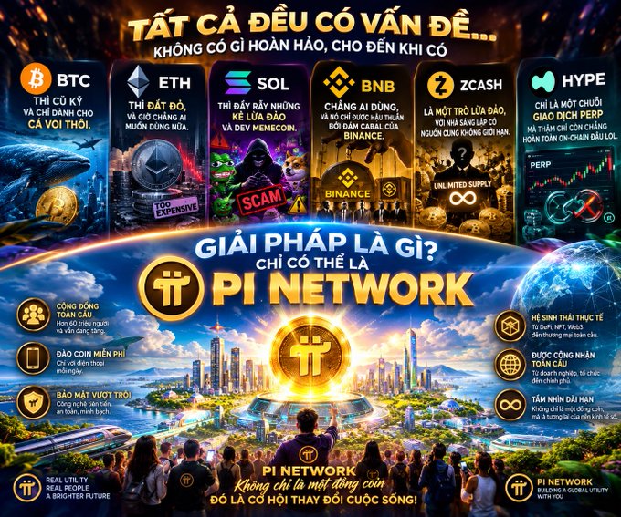 This Vietnamese-language promotional graphic titled "Tất cả đều có vấn đề... Không có gì hoàn hảo, cho đến khi có" (Everything has problems... Nothing is perfect, until) criticizes major cryptocurrencies including BTC, ETH, SOL, BNB, ZCASH, and HYPE, labeling each with negative tags like "too expensive," "scam," and "no one uses it," before positioning Pi Network as the supposed solution with features like free mining, real utility, and a global community. The image directly visualizes the post's claims about crypto shortcomings to promote Pi Network as the answer.