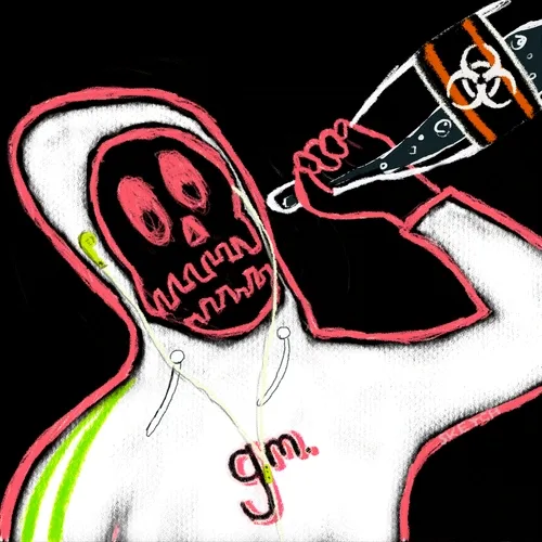 A crude digital drawing shows a skeletal grim reaper figure in a white hooded robe with pink and green accents. The figure holds a dark object adorned with an orange biohazard symbol.