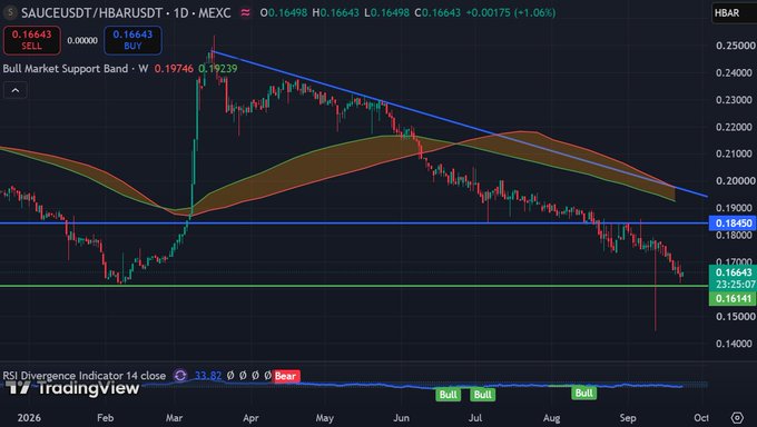 A TradingView daily chart for SAUCEUSDT/HBARUSDT on MEXC showing a bearish trend with a descending triangle pattern, support band at 0.19746/0.19239, and RSI Divergence Indicator reading 'Bear' at 33.87.