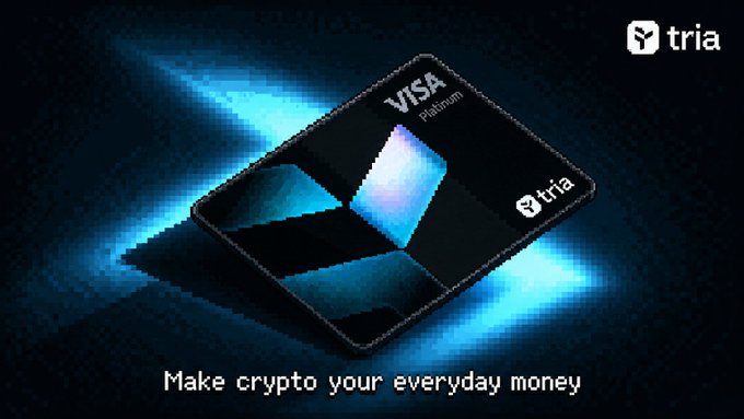 The image features a black Visa credit card with blue geometric shapes on it. The text above the card reads "Make crypto your everyday money". This suggests that the card promotes the use of cryptocurrency as an alternative method for managing finances, possibly offering users more control over their transactions and potentially faster processing times compared to traditional banking methods.
