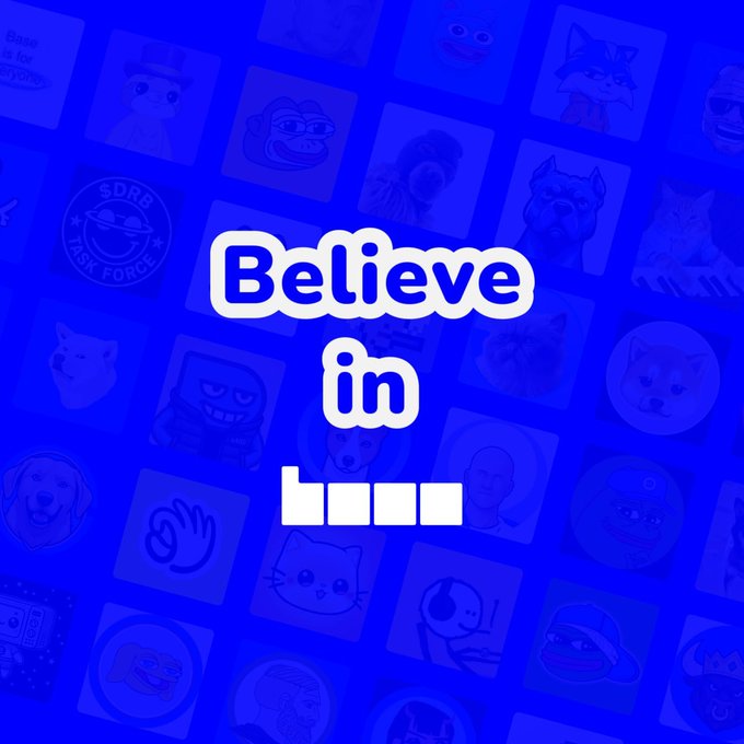The image features a blue background with various cartoon-like images of animals, including cats, dogs, and birds. The text "Believe in Base. Believe in memes" is written above these animal illustrations. This message encourages viewers to believe in themselves and their ideas, just as they would believe in the base or meme content.
