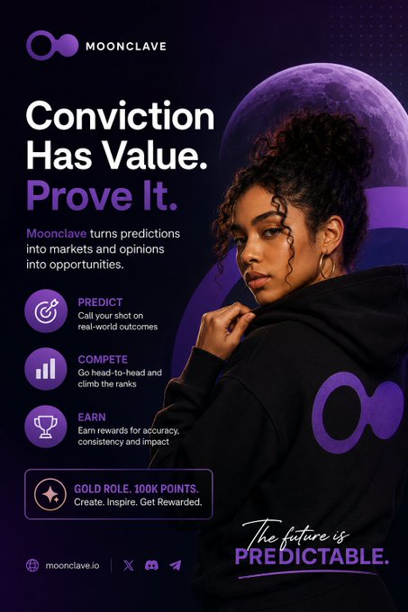 A promotional poster for Moonclave reading 'Conviction Has Value. Prove It.' featuring a woman in a black hoodie against a purple background.