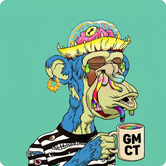 A cartoon monkey wearing a hat with a brain, holding a coffee cup, and smiling at the camera. The caption reads "GM to absolutely everyone im a nomie monke be the reason someone smiles today I'M STUDENTING now @XOOBNETWORK @THEARCTERMINAL @USETRAIN".