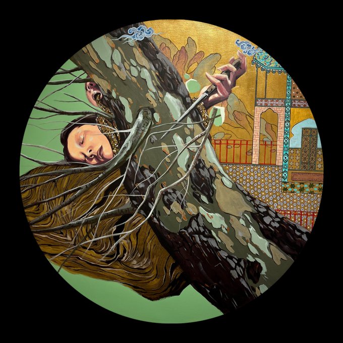 A surreal circular painting depicts a woman with flowing hair fusing with a tree against a gold and green backdrop with ornamental architectural elements.