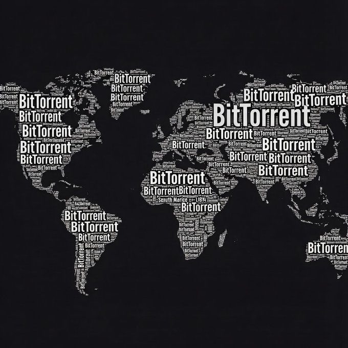 A world map silhouette composed entirely of the repeated word 'BitTorrent' in white text on a black background.