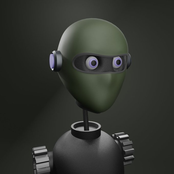 A 3D-rendered robot with a smooth green head, glowing purple eyes, and a black metallic body stands against a dark background.
