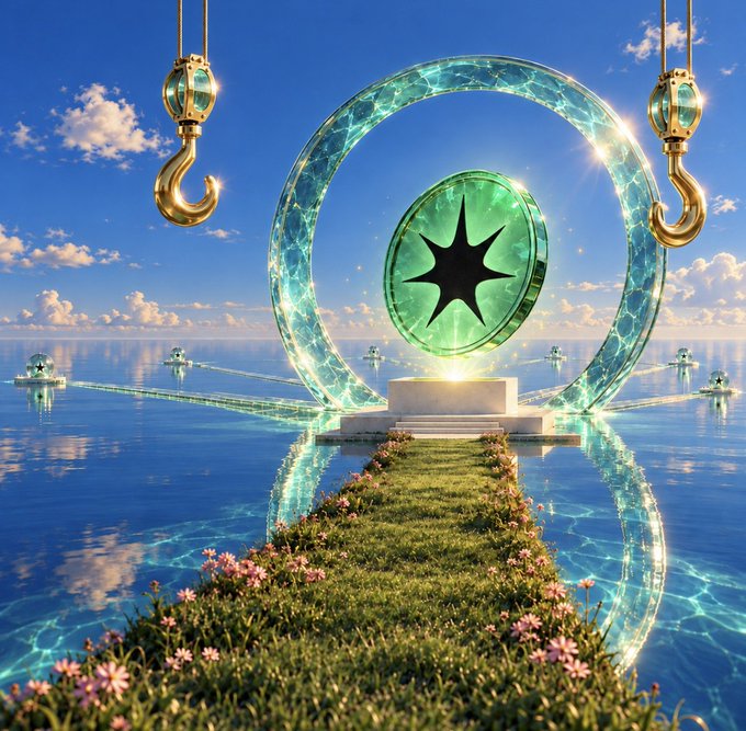 A surreal digital landscape features a large glowing star emblem encircled by a crystalline ring, suspended above a calm sea with golden crane hooks hanging on either side, leading to a flower-lined pathway. The composition evokes the launch and suspension of new opportunities, mirroring $INJOH's role as a DeFi launch infrastructure protocol awaiting its mainnet debut.