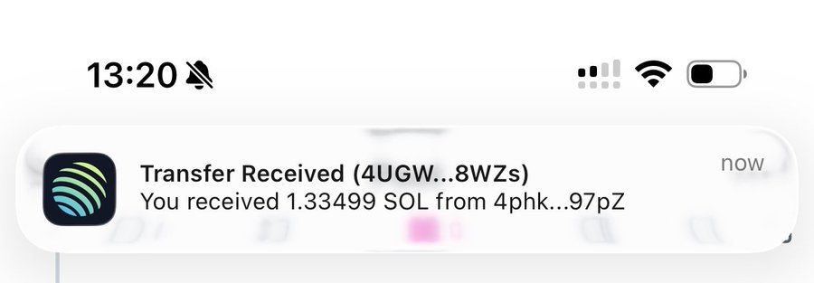 A phone notification shows a crypto transfer notification reading "Transfer Received (4UGW...8WZs) - You received 1.33499 SOL from 4phk...97pZ," confirming the user's second SOL withdrawal from the @degencom platform after a successful blackjack session.