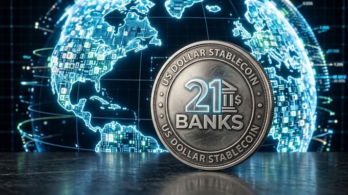A digital promotional image showing a silver coin labeled '21$ BANKS US DOLLAR STABLECOIN' set against a futuristic digital globe with blue data streams.