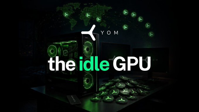 An advertisement for YOM featuring the tagline 'the idle GPU' displayed over a custom PC case and a pile of graphics cards, with a world map and flight paths shown in the background.